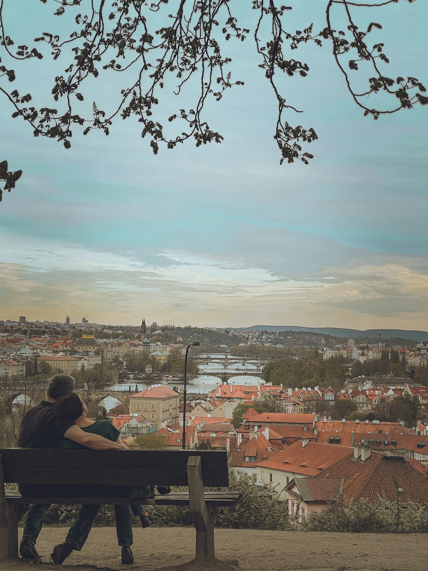 Silhouette on a bench overlooking a city at dusk