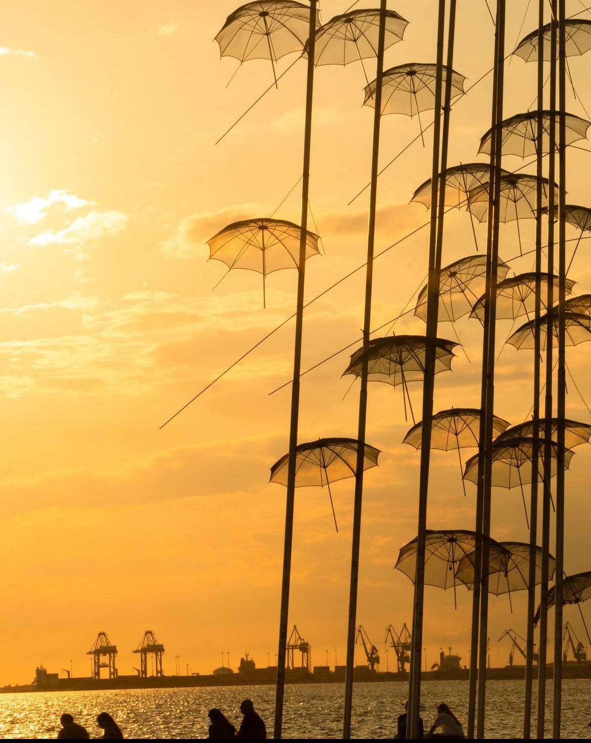 Sunset behind sculptural umbrellas by the sea